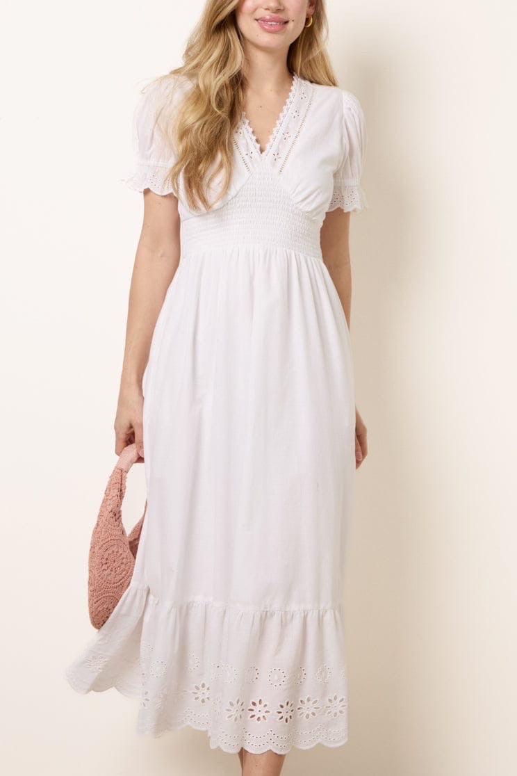 Shirred bodice eyelet trim Midi Dress White - White