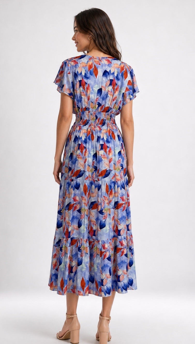 Red Multi Leaf Tiered Maxi Dress - Baby Blue (2)