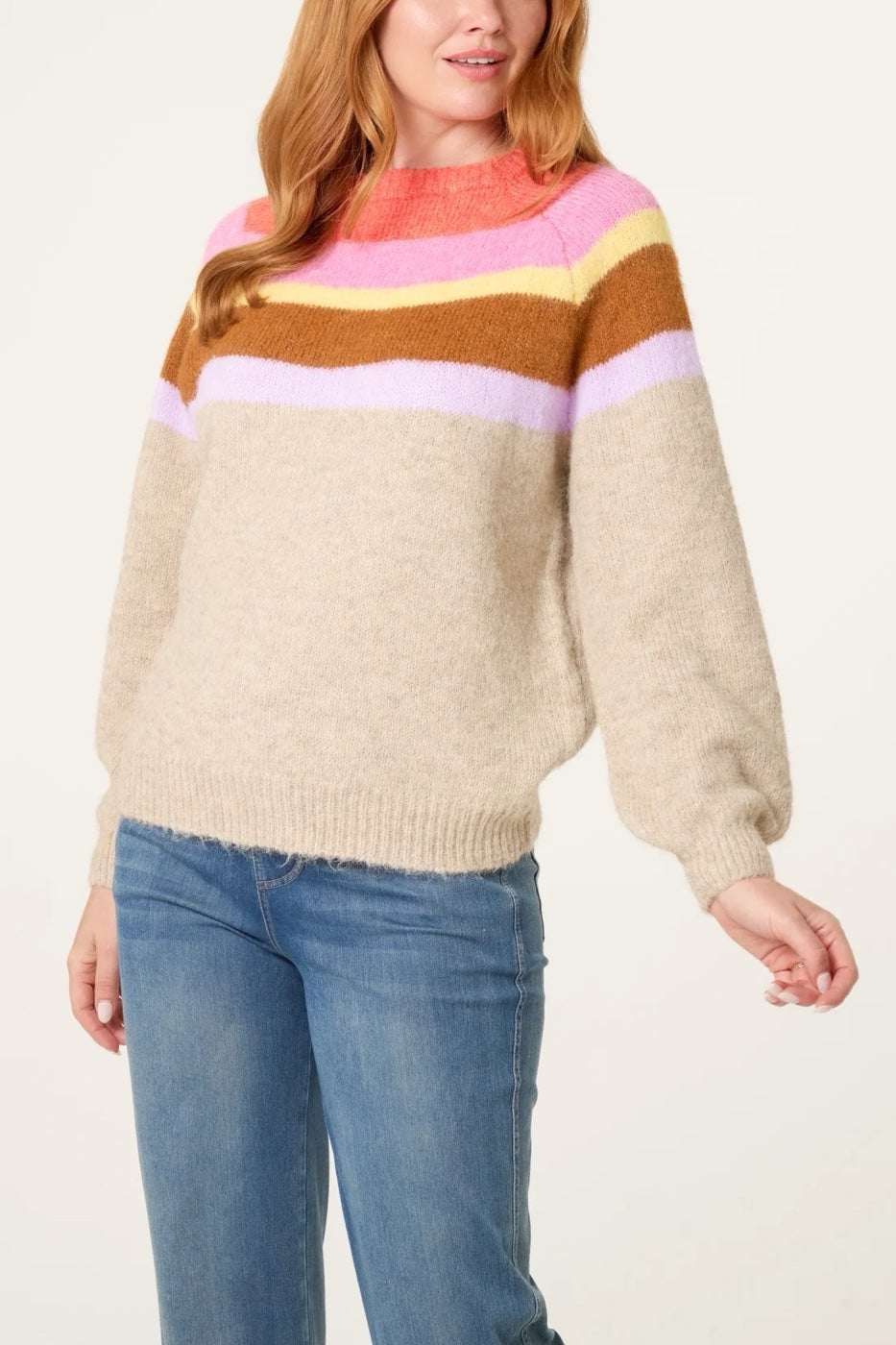 Colourful Stripe Knit Jumper - Beige