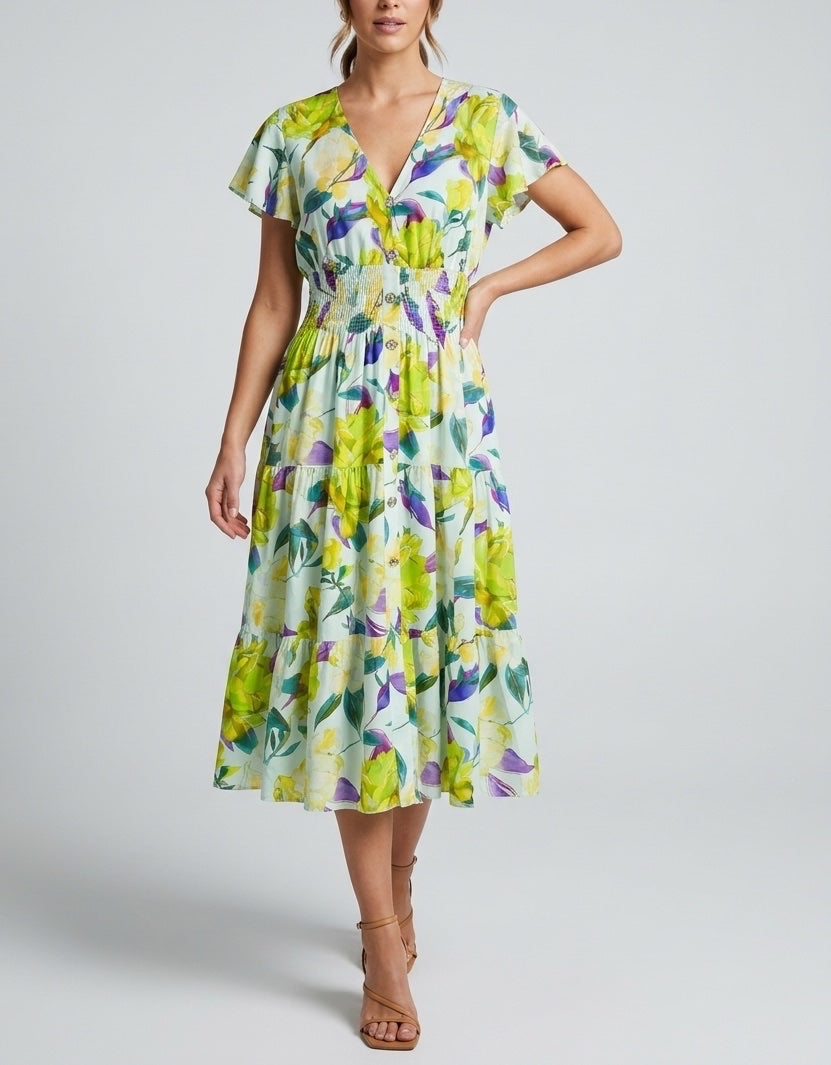 Floral Tiered Midi Dress - Green