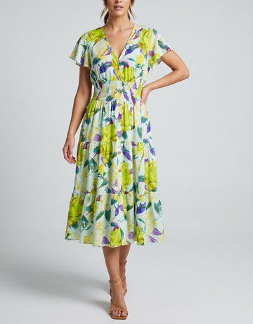 Floral Tiered Midi Dress - Green