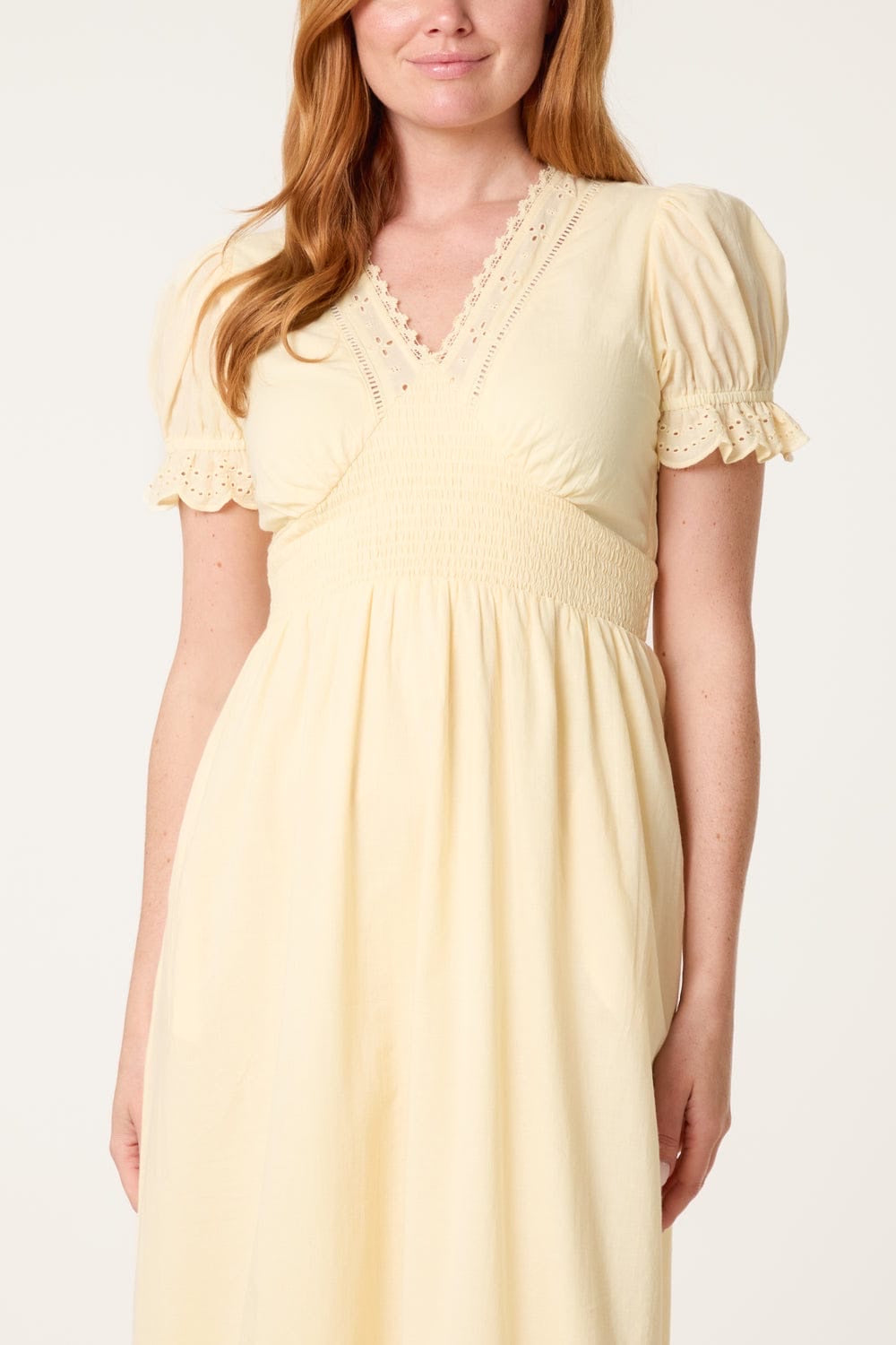 Shirred Bodice Eyelet Trim Midi Dress Lemon - Lemon (2)