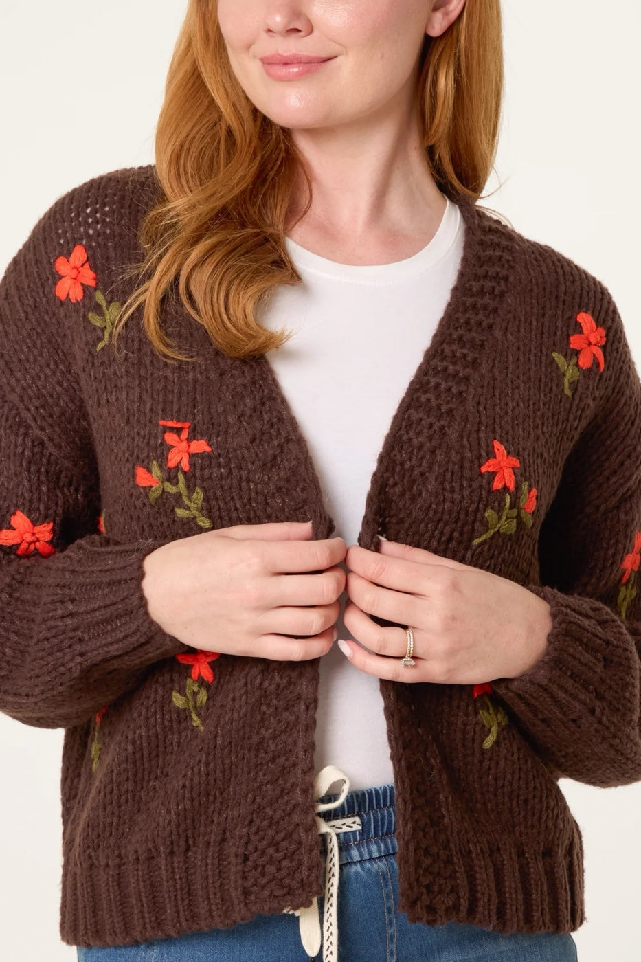 Embroidered Chunky Knit Cardigan - Chocolate (2)