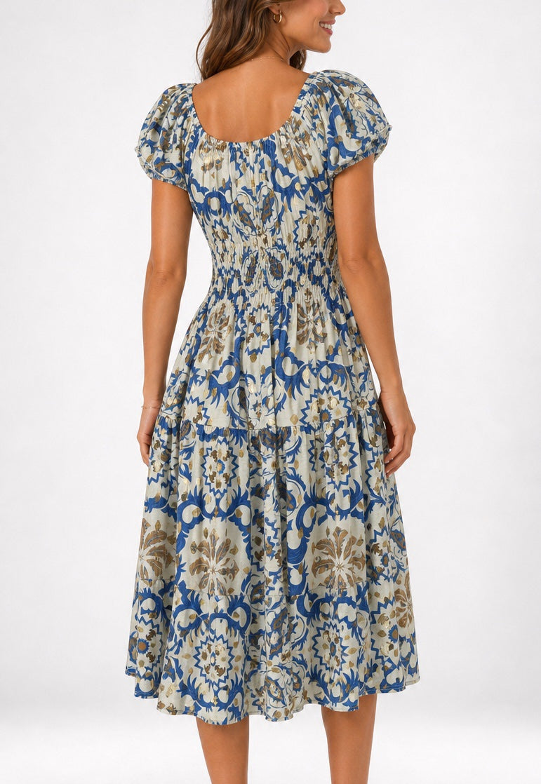 Damask Print Puff Sleeve Midi Dress - Blue