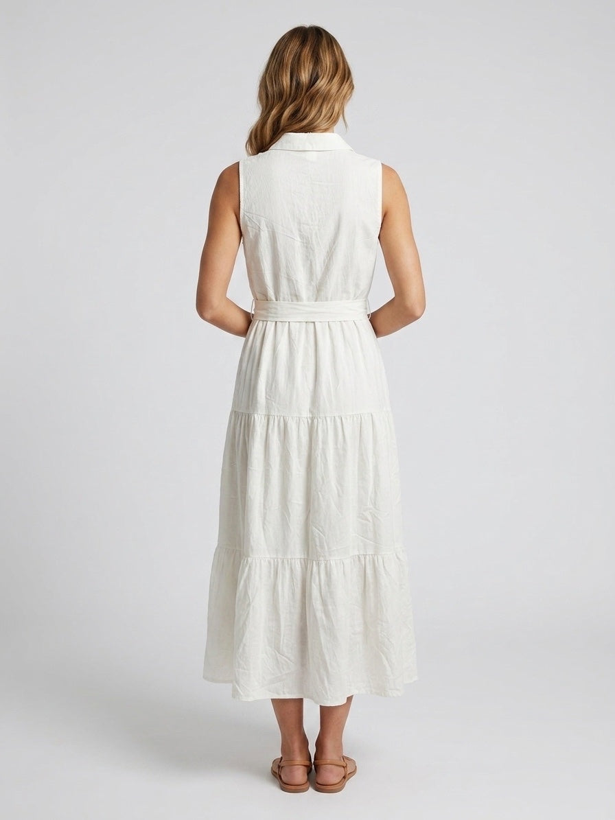 Embroidered Tiered Belted Midi Dress - White