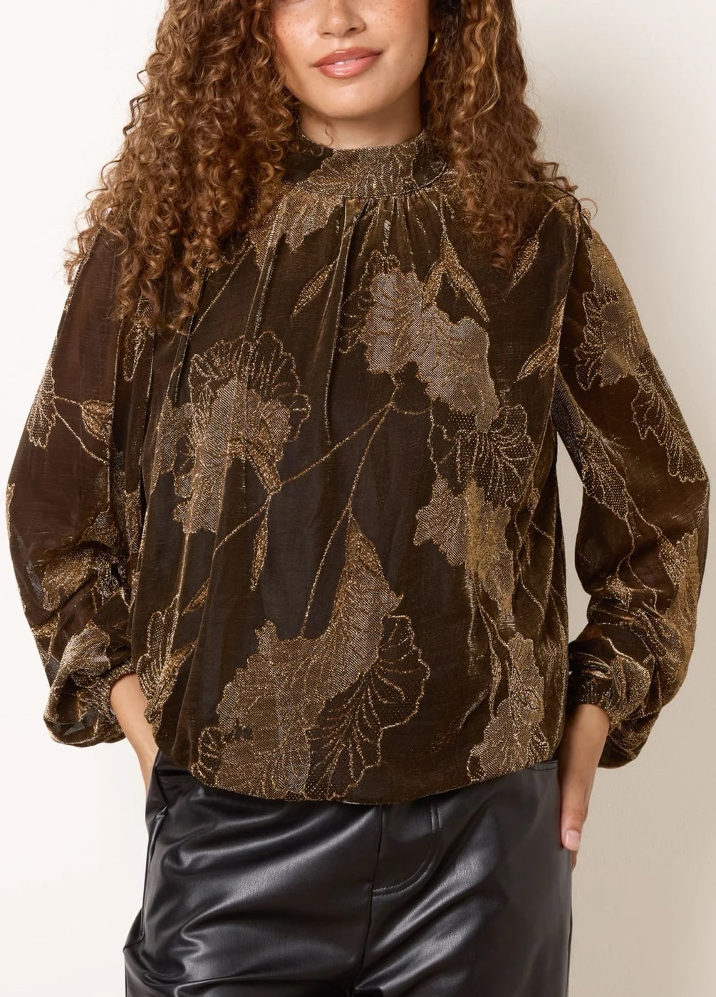 Burnout Floral High Neck Blouse - Bronze