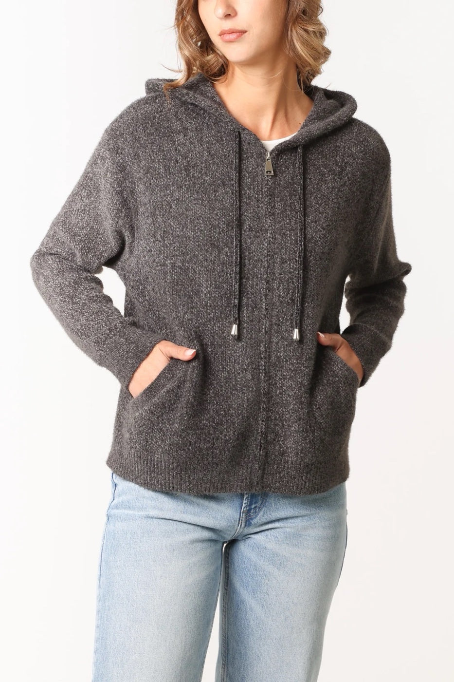 Textured Knit Zip-Front Hoodie - Charcoal