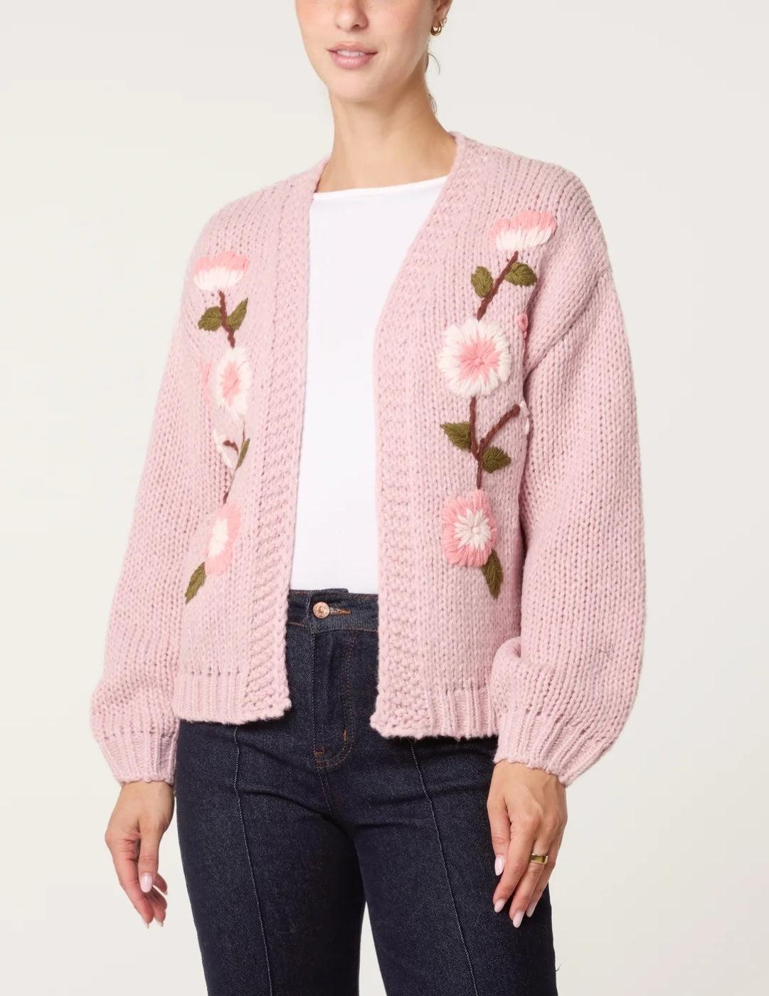 Embroidered Floral Knit Cardigan Pink - Dusky Pink