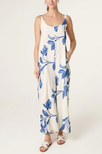 Floral Print Maxi Dress with Pockets - Deep Sky Blue