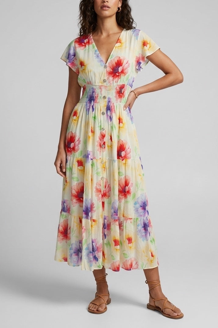 Tiered Midi Dress with Shirred Waist - Lemon