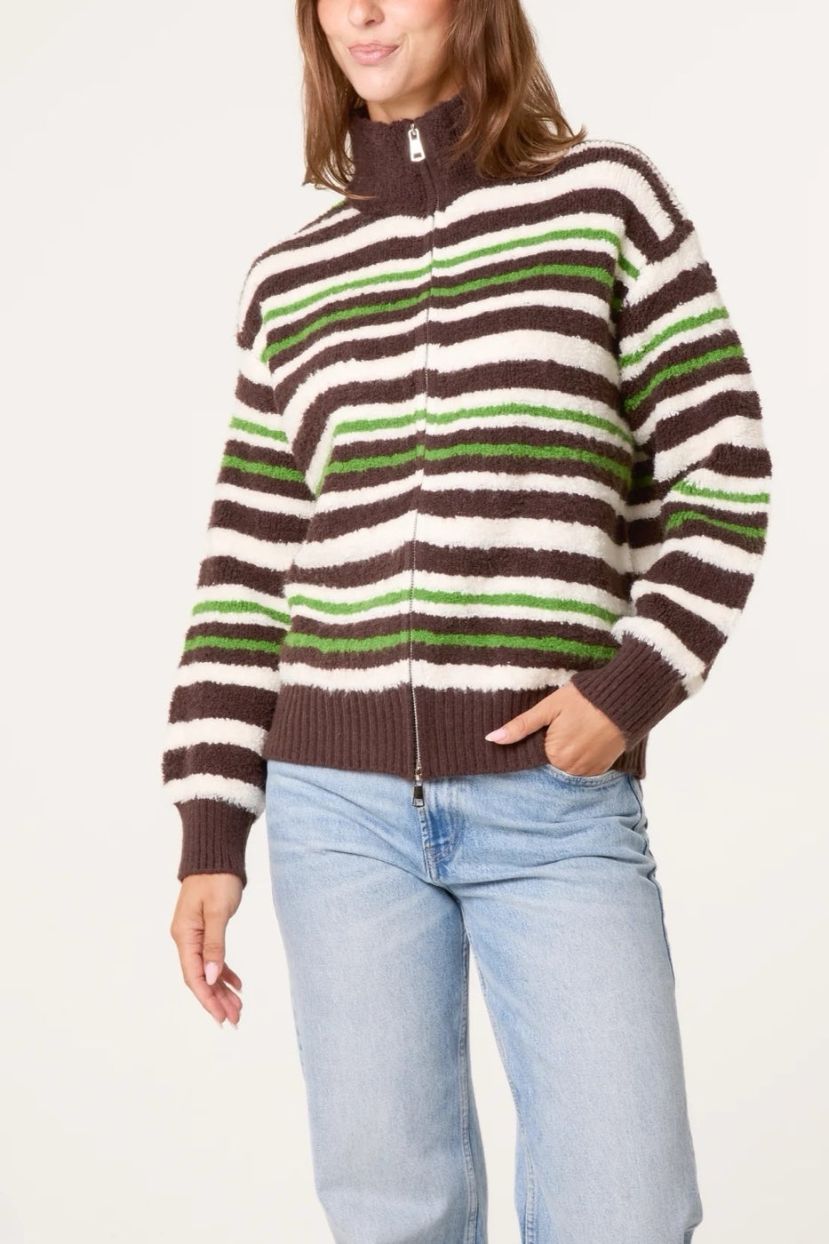 Striped Zip-Up Cost Fleece Knit Jacket  - Chocolate