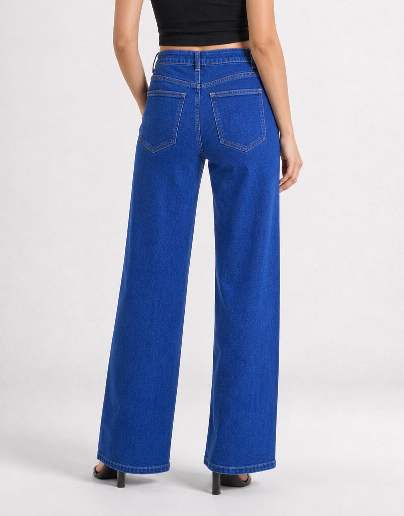 High Waisted Wide Leg Denim Trousers - Indigo