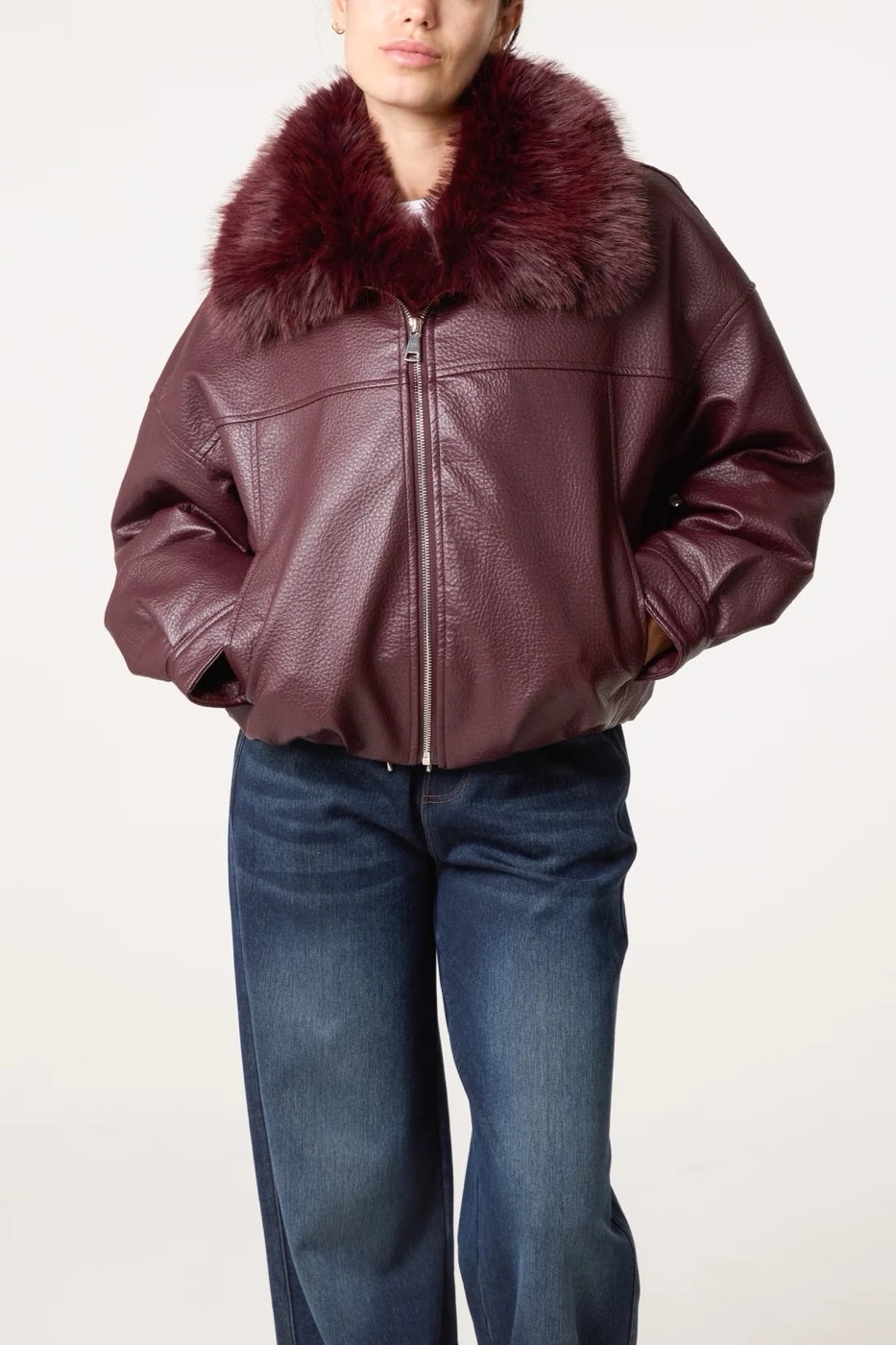 Textured Bomber Jacket with Faux Fur Collar - Wine
