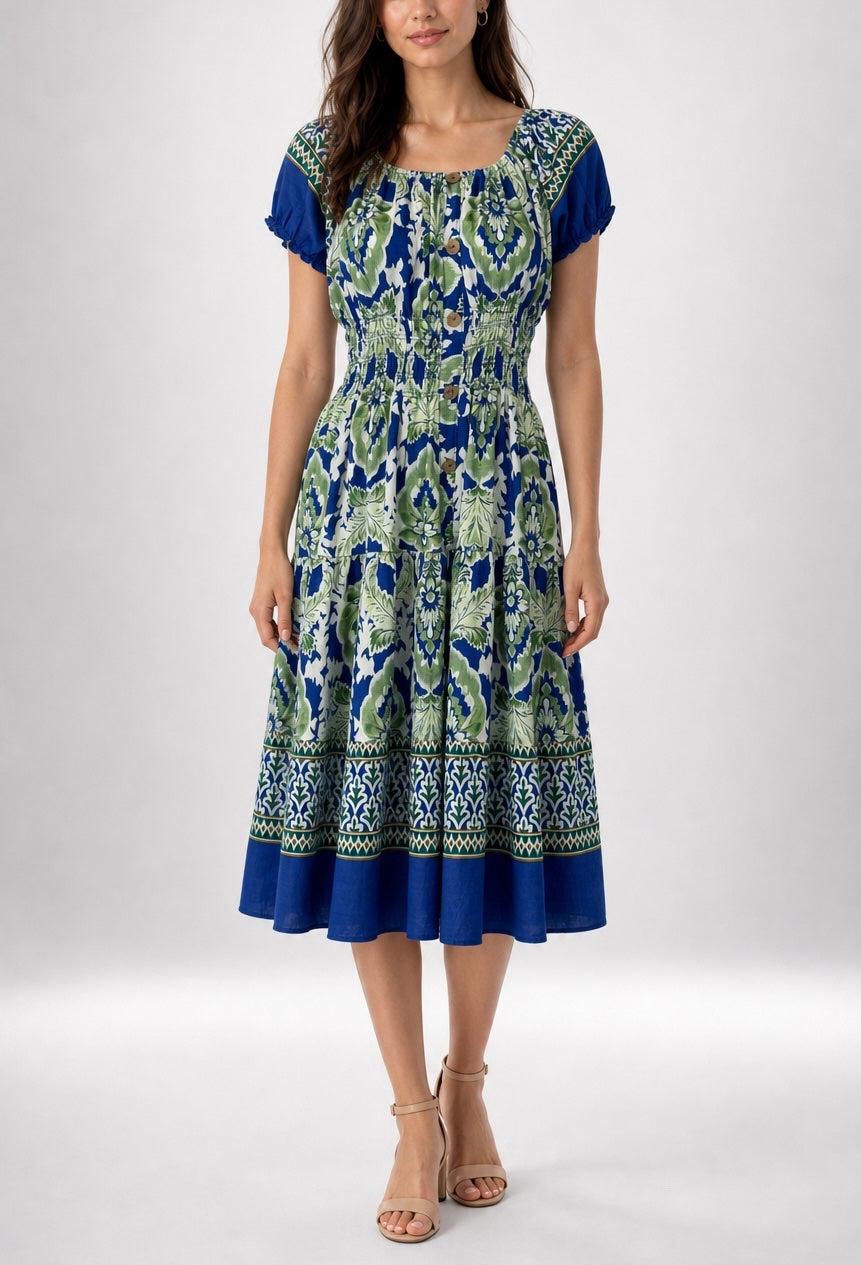 Smocked Bodice Puff Sleeve Midi Dress - Blue