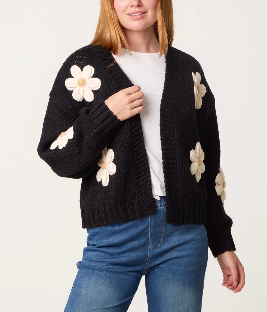 Floral Applique Chunky Knit Cardigan - Black
