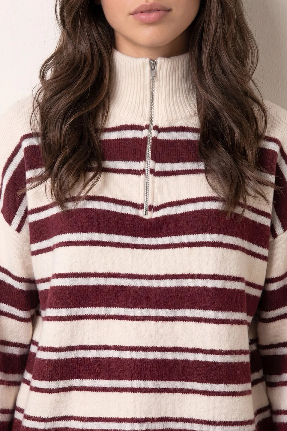 Striped Quarter Zip Jumper - Wine (2)