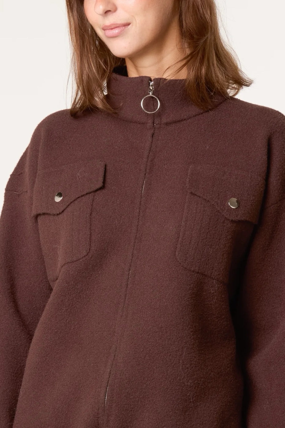 High Neck Knitted Utility Jacket - Chocolate (2)