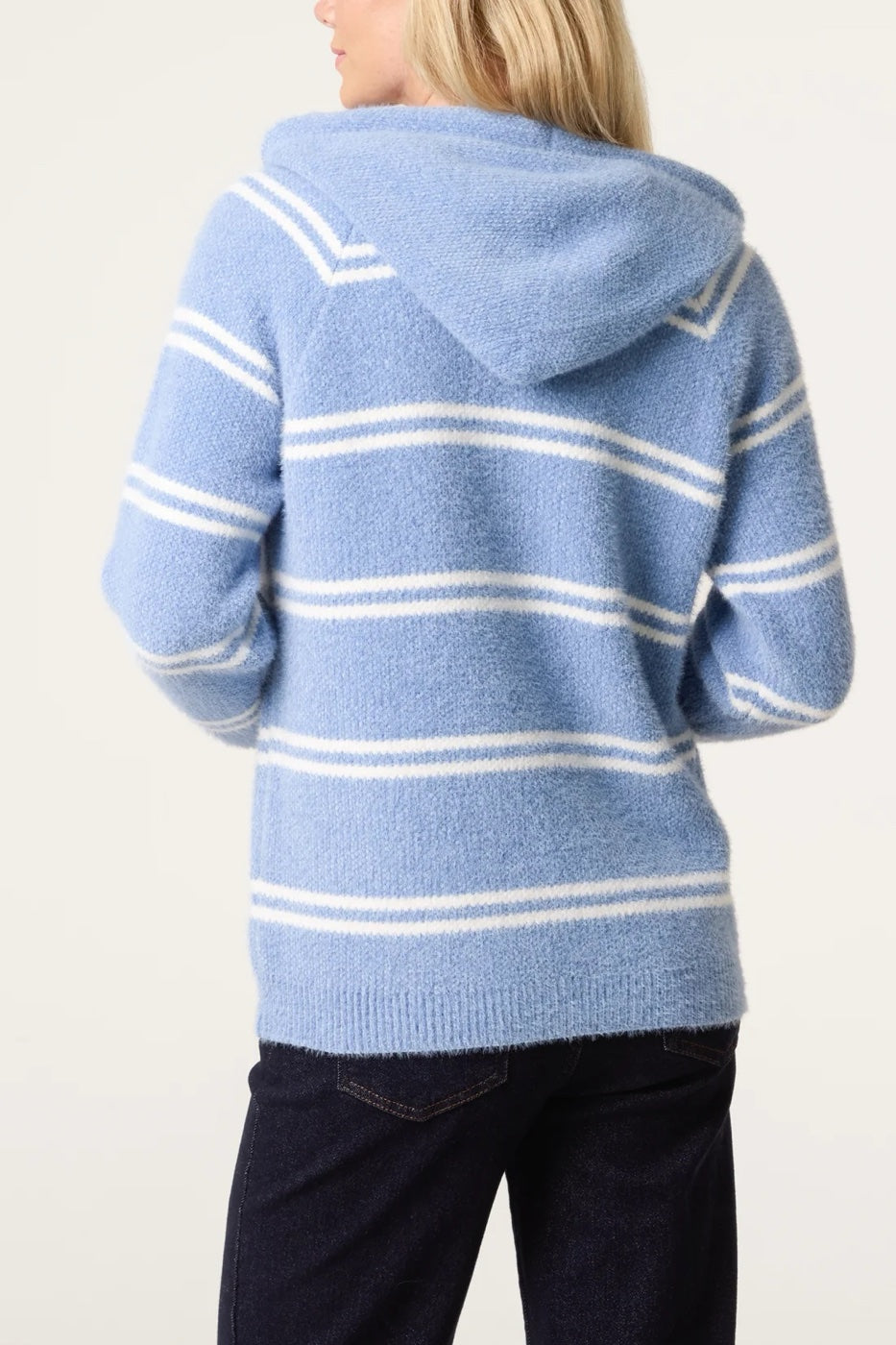 Striped Hooded Zip-Through Cardigan - Denim/Ivory (2)