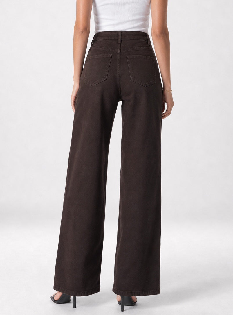 High-Rise Wide-Leg Button-Fly Trousers - Chocolate (2)