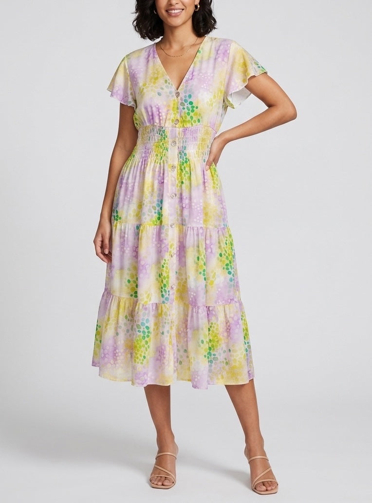 Flutter Sleeve Shirred Midi Dress - Lilac