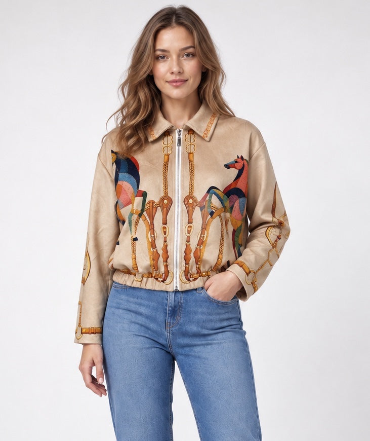 Equestrian Print Zip Jacket - Stone
