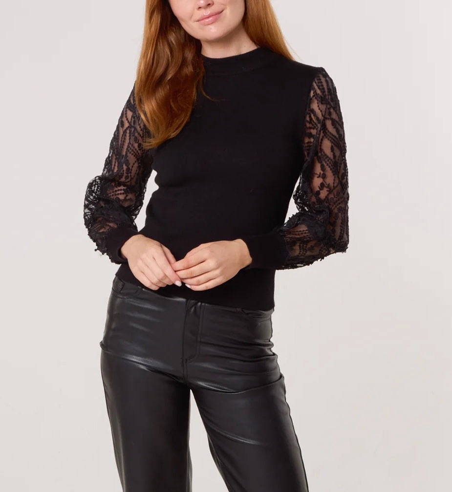 Lace Sleeve High Neck Top - Black