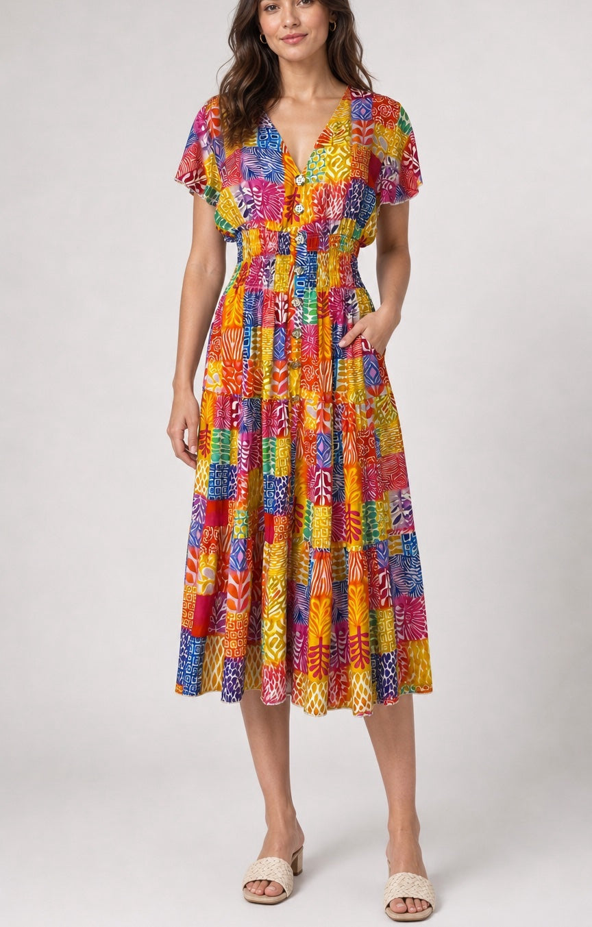 Patchwork Print Midi Dress - Multi