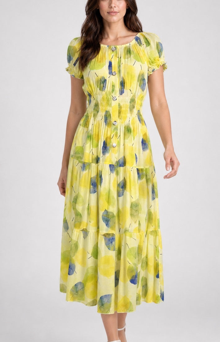 Shirred Waist Leaf Print Midi Dress - Lemon
