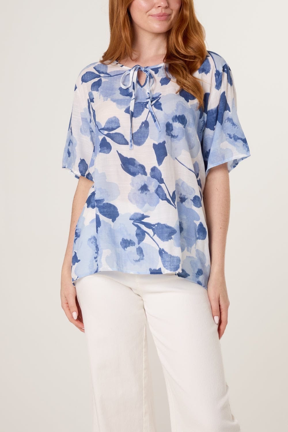 Floral Print Tie-Neck Blouse - Blue