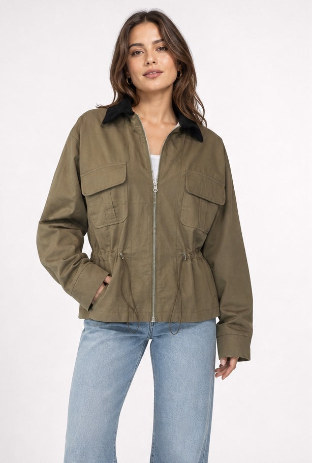 Utility Jacket with Drawstring Waist - Khaki