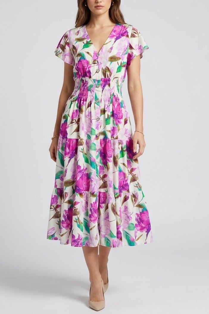 Floral Tiered Midi Dress with Flutter Sleeves - Purple