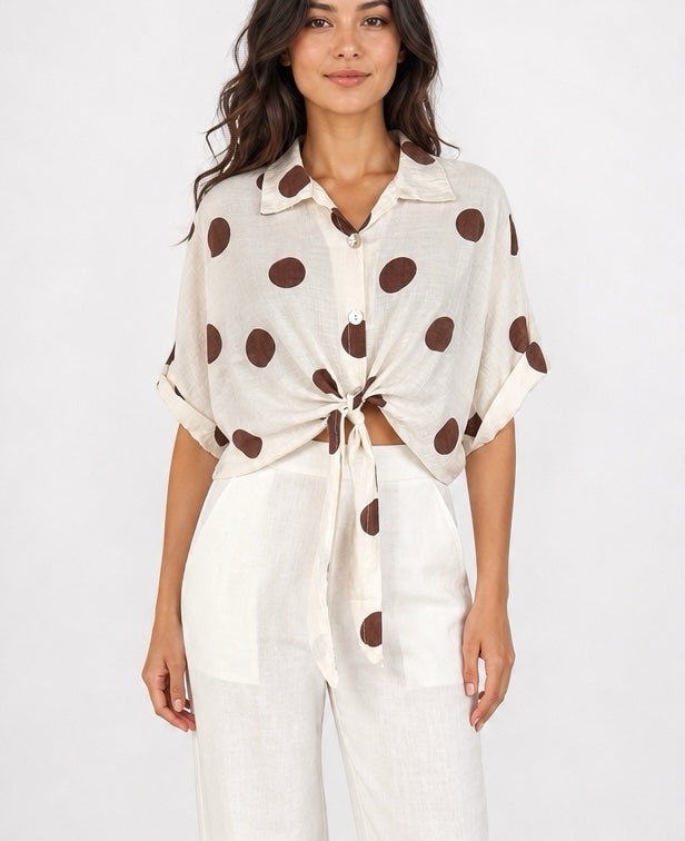 Polka Dot Knot Front Blouse - Ivory