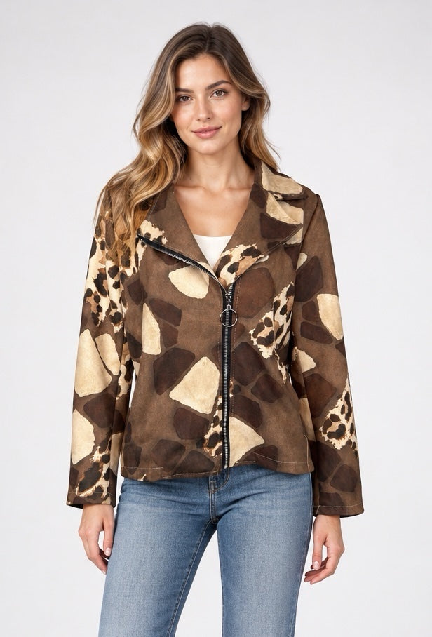 Abstract & Animal Print Biker Jacket - Chocolate