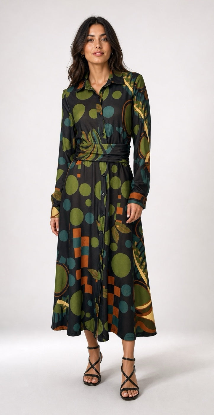 Abstract Print Midi Shirt Dress - Navy Blue