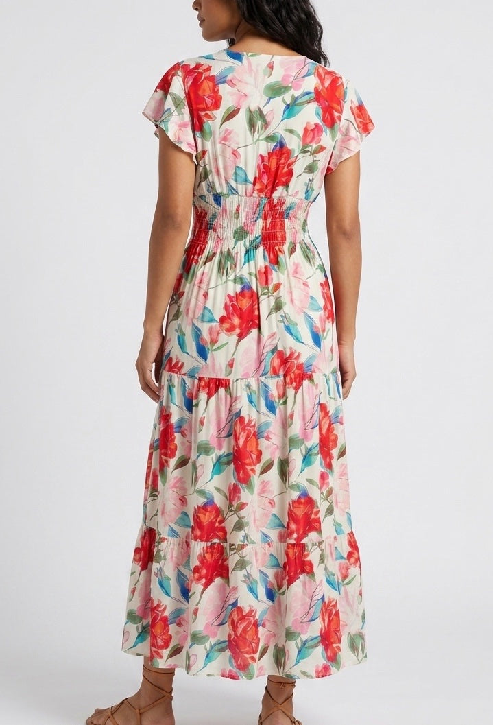 Bold Flower Shirred Waist Maxi Dress - Red