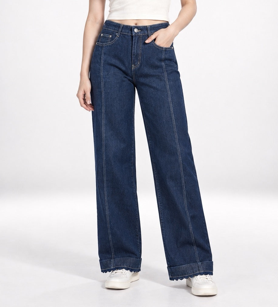 Wide-Leg Seamed Denim Trousers - Indigo