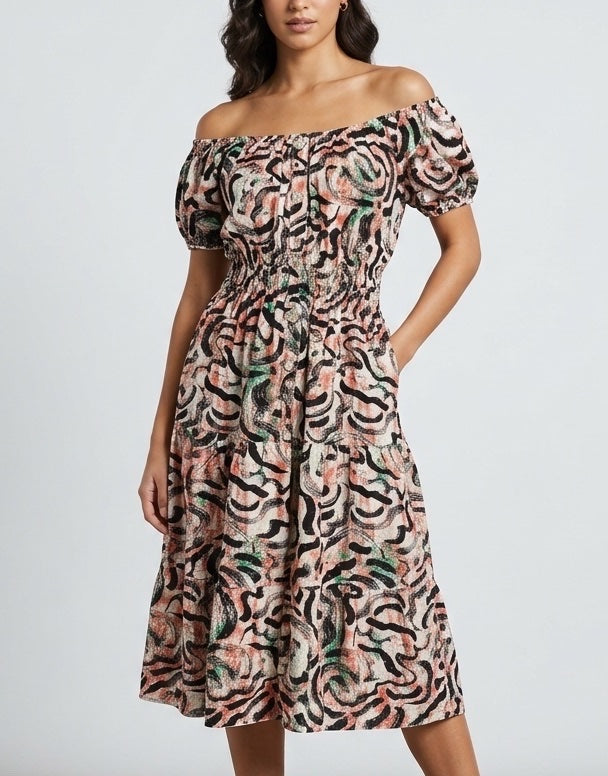 Printed Off-the-Shoulder Midi Dress - Red