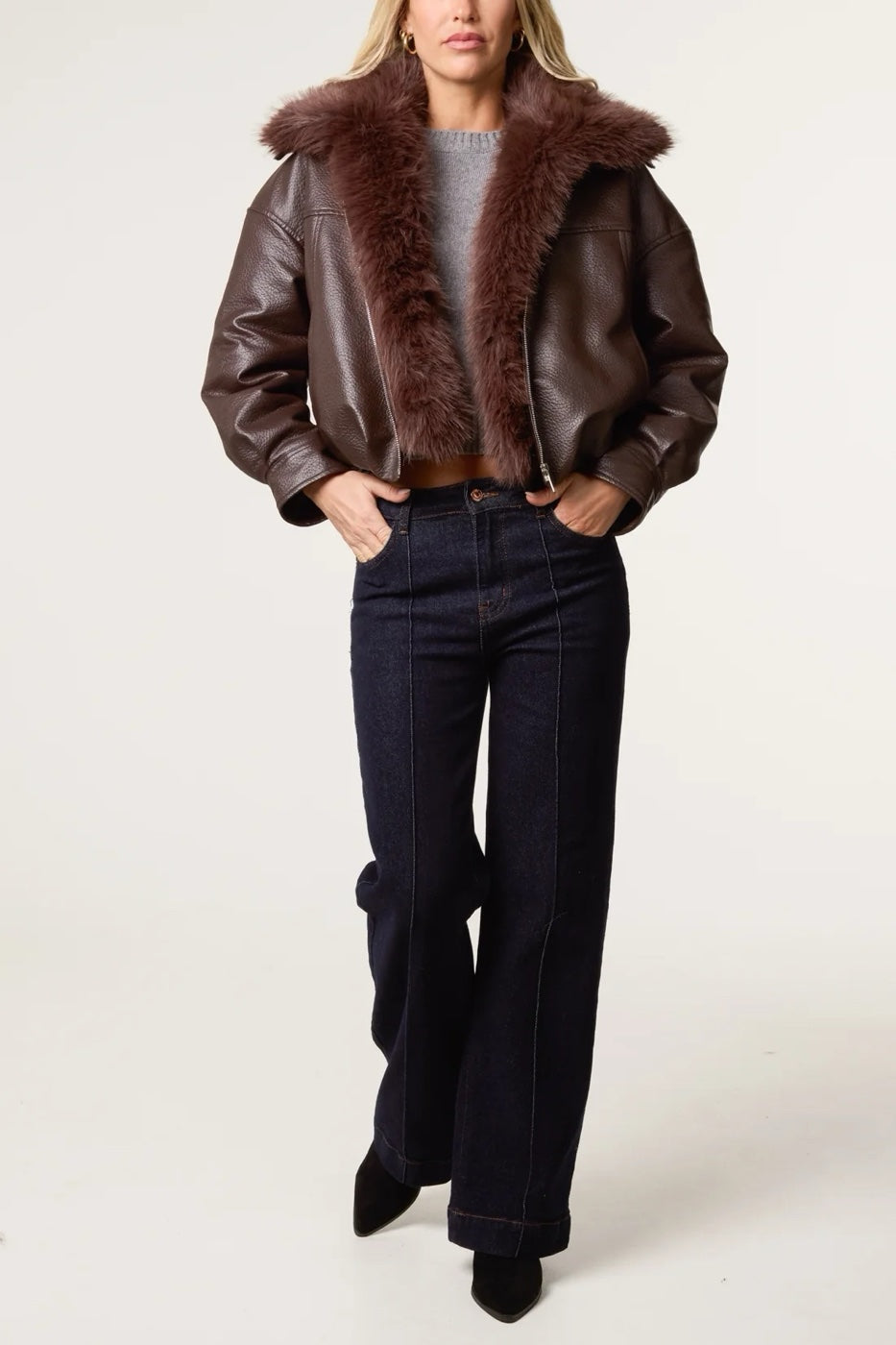 Faux Leather Bomber Jacket with Faux Fur Trim - Chocolate