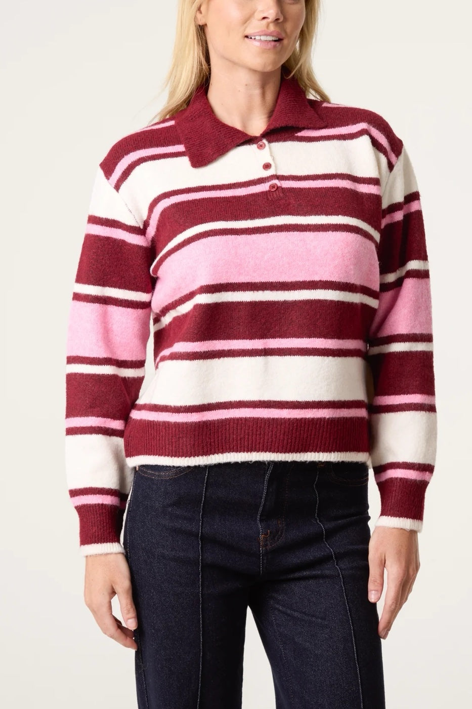 Striped Knitted Polo Jumper - Red/Pink