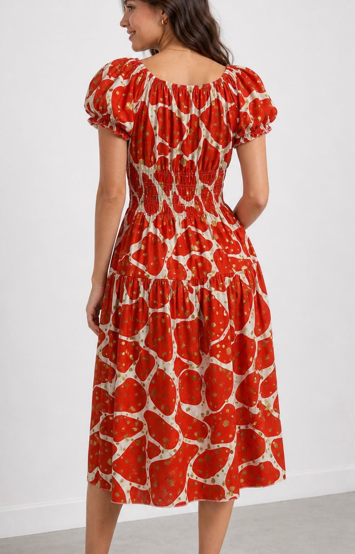Red Foil Block Puff Sleeve Dress - Bright Red (2)