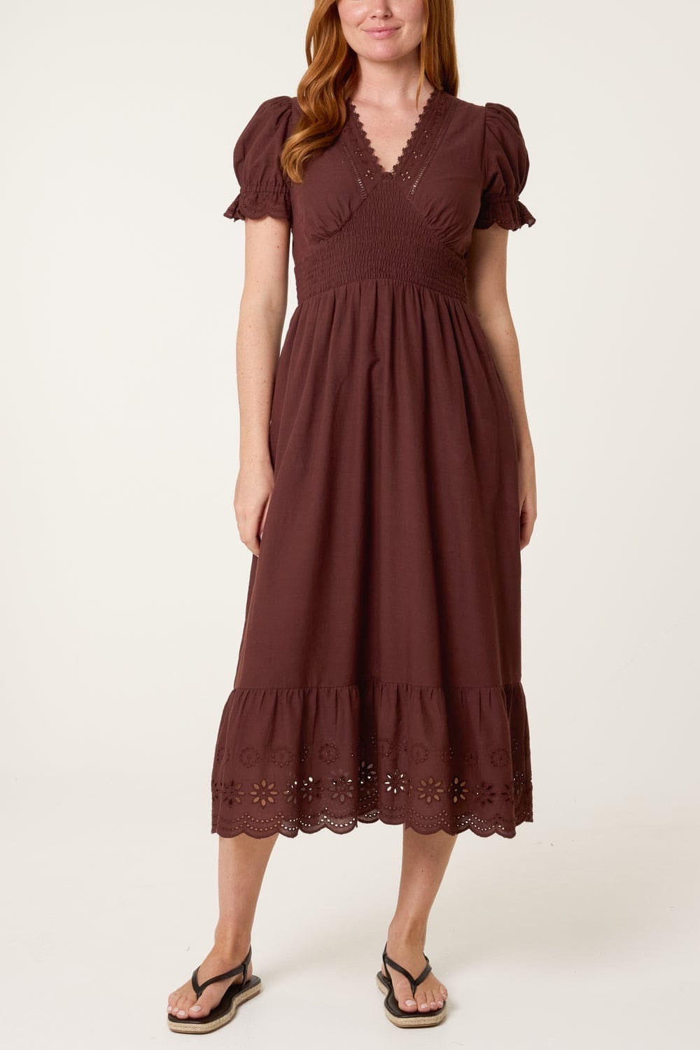 Shirred bodice Eyelet Midi Dress Chocolate  - Chocolate