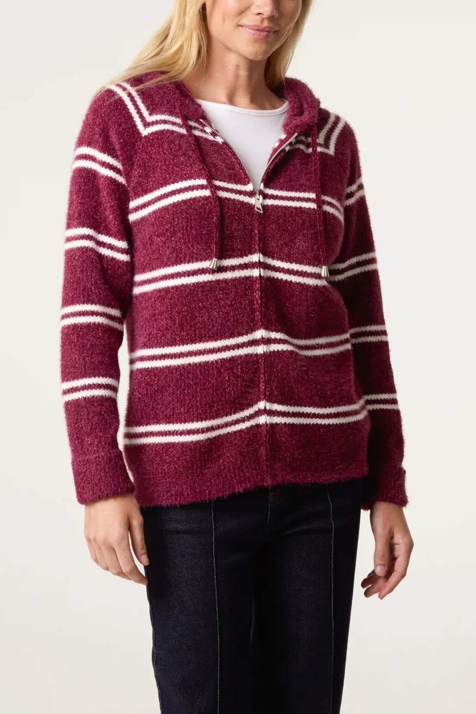 Striped Zip-Up Hooded Cardigan - Berry/Ivory