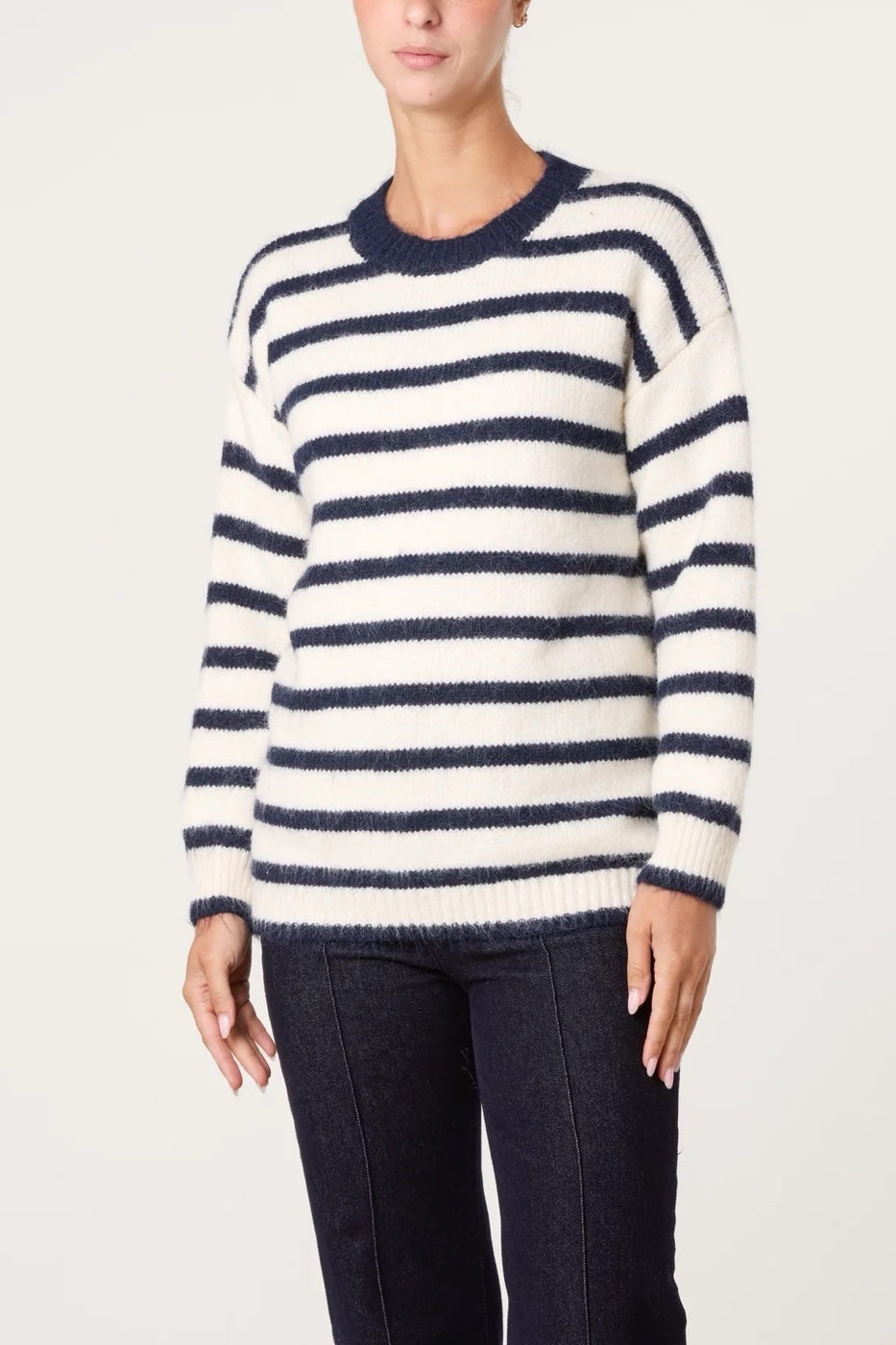Striped Knit Wool Blend Jumper - Navy