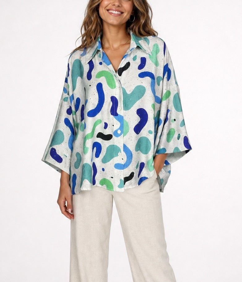 Abstract Print Rhinestone embellished Shirt - Blue