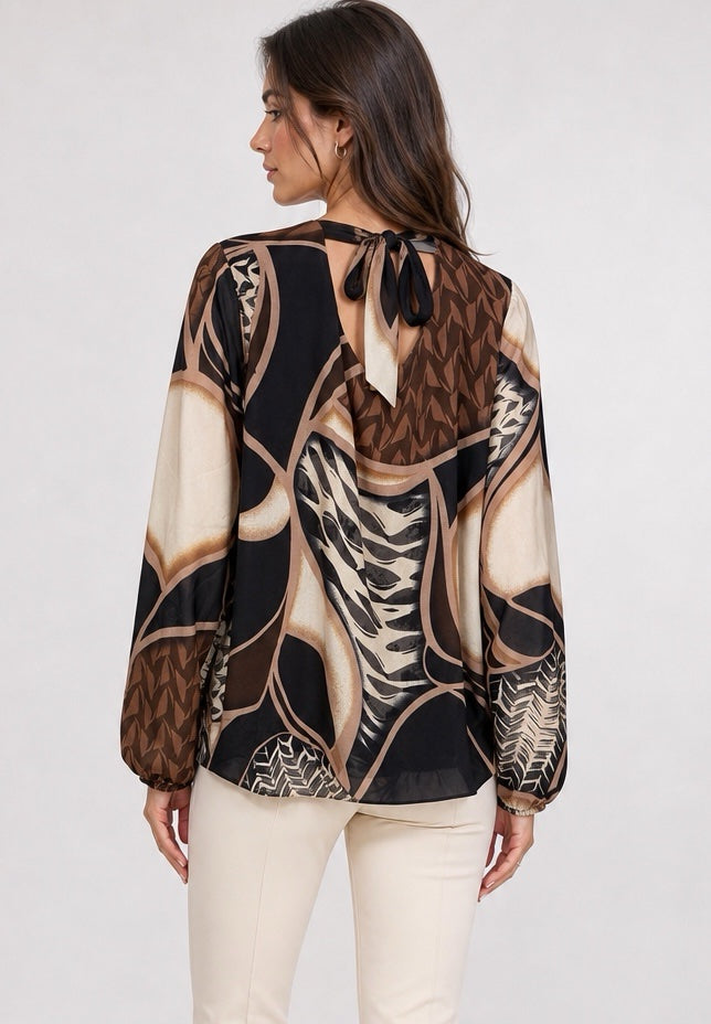 Abstract Print Gathered Neck Blouse - Black (2)