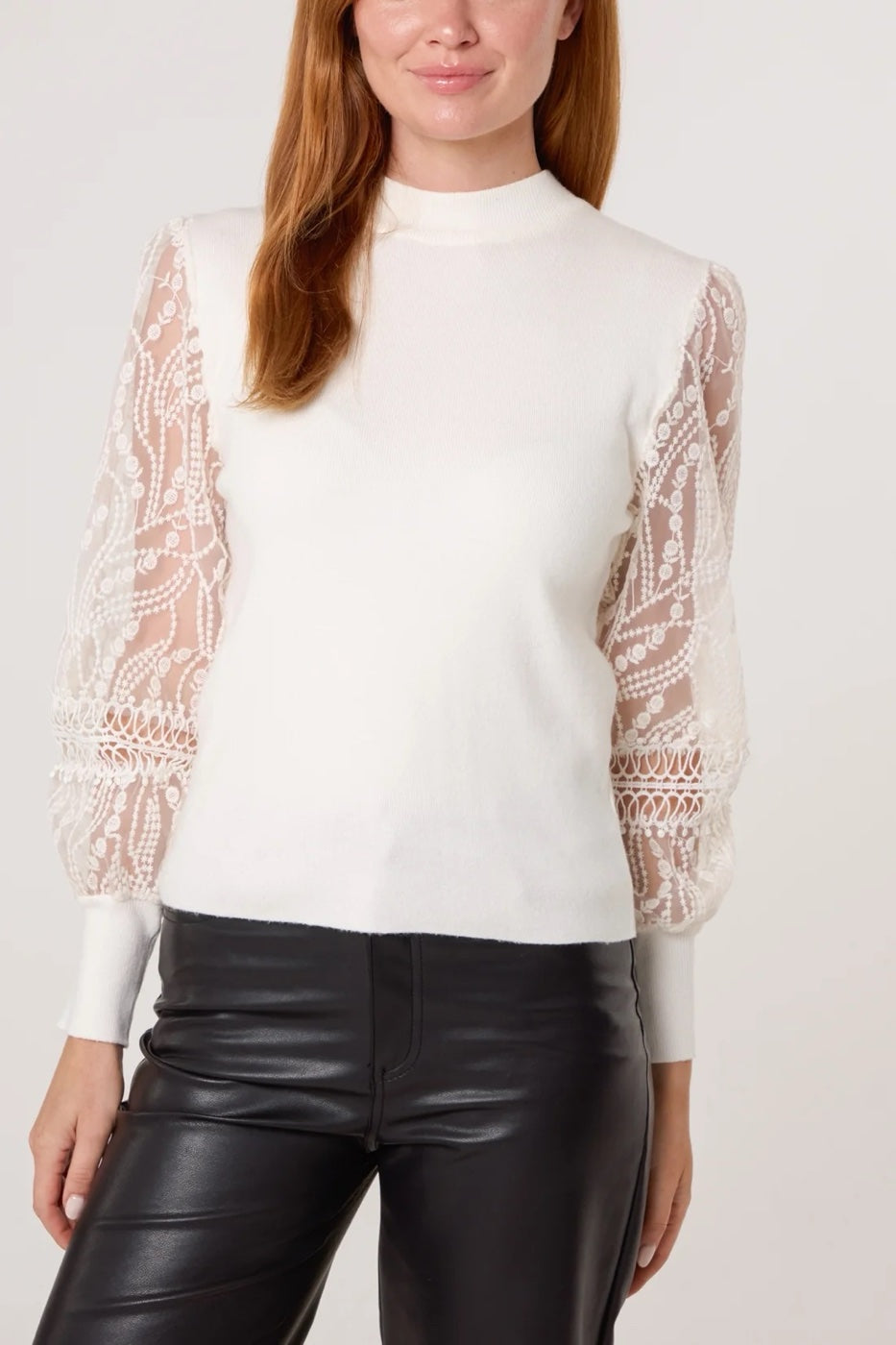 Lace Sleeve Mock Neck Knit Top - Ivory