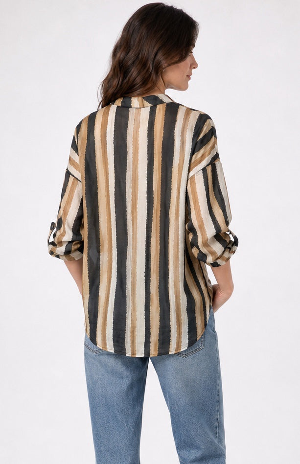 Striped Tie-Front Blouse with Mandarin Collar - Black (2)