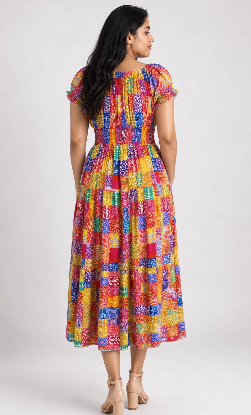 Patchwork Print Tiered Maxi Dress - Multi