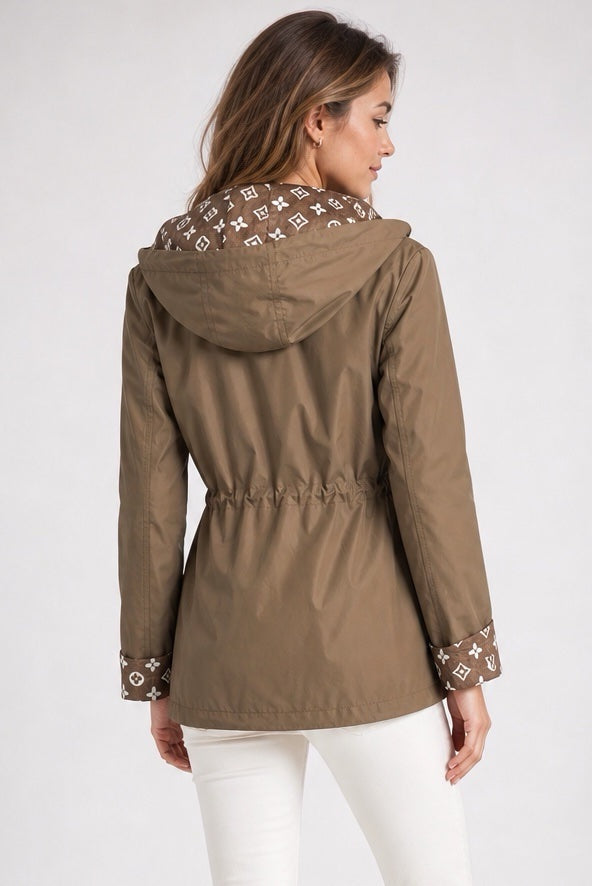 Hooded Drawstring Waist Jacket - Chocolate (2)
