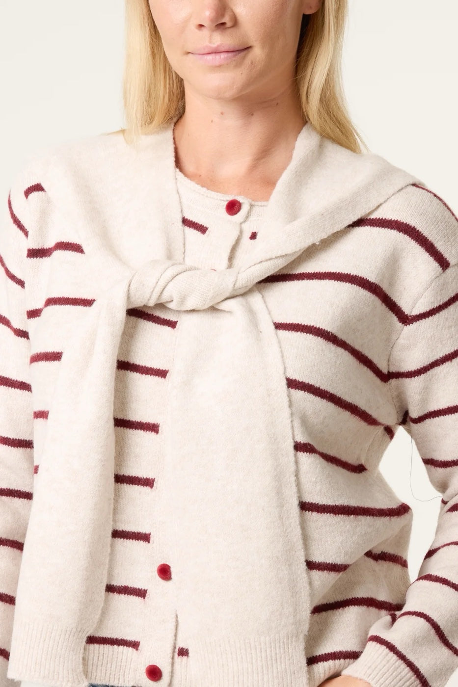 Striped Knit Scarf Cardigan - Wine (2)